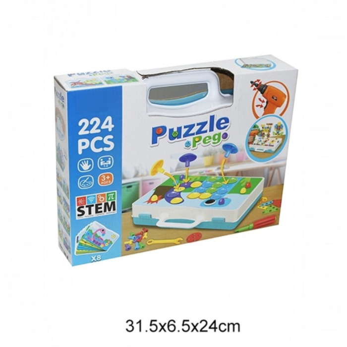 Set mozaic creativ STEM, puzzle peg cu bormasina de jucarie, plansa de lucru, 8 carduri cu dinozauri, 224 piese [8]