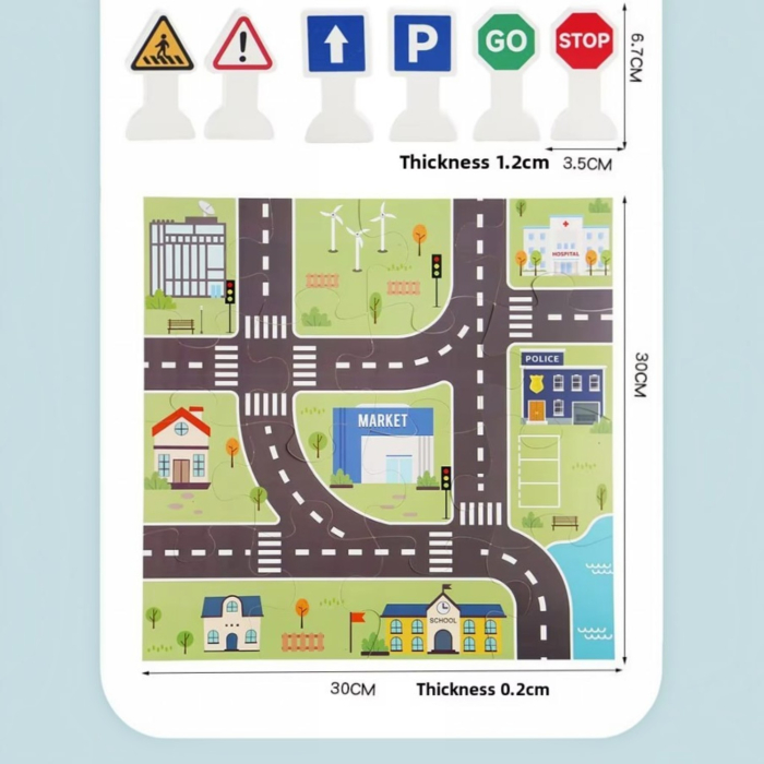 Set trafic din lemn, 6 masinute si semne rutiere fata-verso, puzzle transport, coordonare si reguli de circulatie [7]