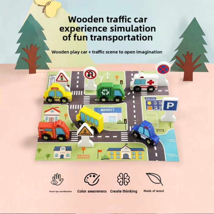 Set trafic din lemn, 6 masinute si semne rutiere fata-verso, puzzle transport, coordonare si reguli de circulatie [2]