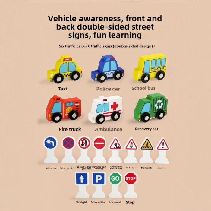 Set trafic din lemn, 6 masinute si semne rutiere fata-verso, puzzle transport, coordonare si reguli de circulatie [4]