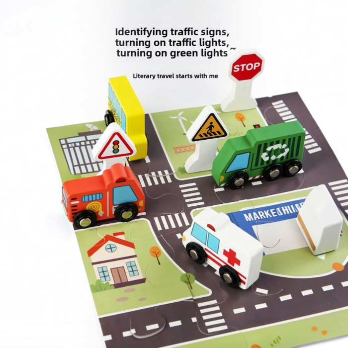 Set trafic din lemn, 6 masinute si semne rutiere fata-verso, puzzle transport, coordonare si reguli de circulatie [6]