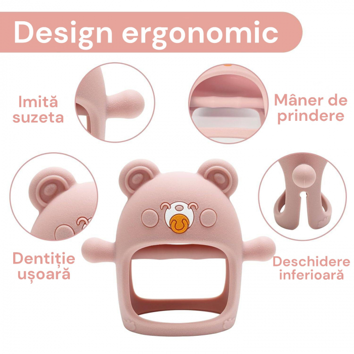 Suzeta ursulet, silicon alimentar, fara BPA, 0-12 luni, Roz [2]