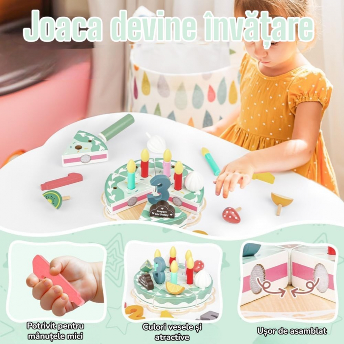 Tort de jucarie din lemn Happy Cake Montessori copii [2]