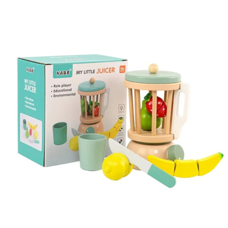 Jucării senzoriale - Blender de jucarie din lemn, set bucatarie copii cu fructe de taiat, pahar si accesorii, 3+ ani