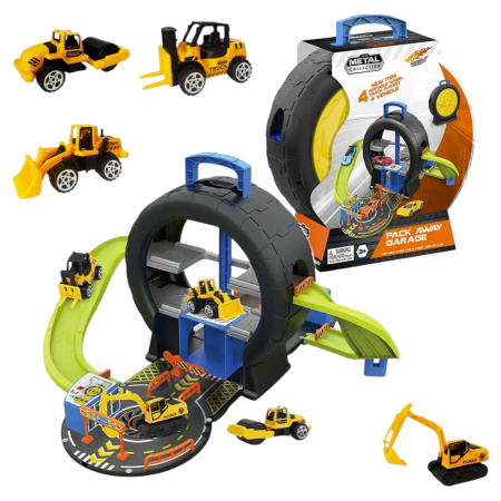 Jucarii copii - Garaj de constructii, set de joaca cu masini de santier, rampa si tunel tip roata, jucarie pentru copii, multicolor, 3+ ani