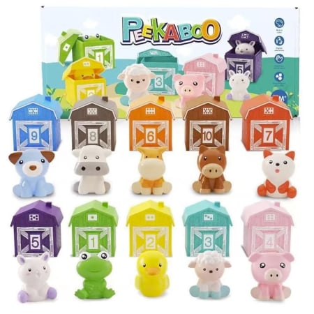 0-12 luni - set 10 casute colorate numerotate si figurine pentru degete, potrivire culori si numere, motricitate fina, 18 luni+