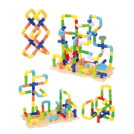 Jucarii copii - Joc educativ STEM Malvys®, set de constructie cu tevi modulare, circuit de apa si logica, 310 piese, 3+ ani