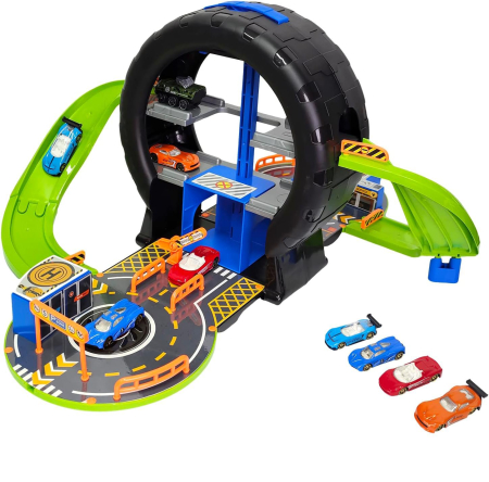 Jucarii copii - Pista Masinute Tip Roata 360° cu Loop Vertical, Garaj si 4 Masinute Incluse – Circuit Interactiv pentru Copii 3+ ani