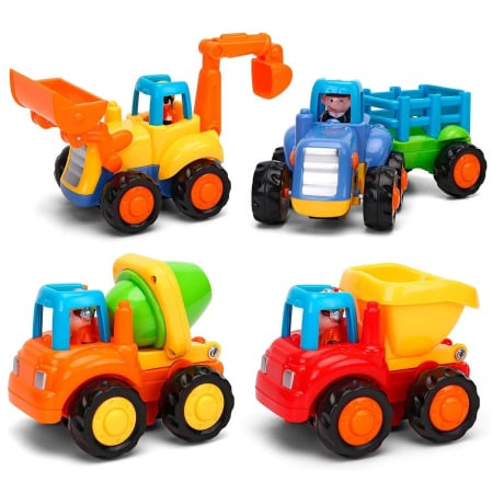 Jucarii copii - Set 4 Masinute de Constructie pentru Copii, Buldozer, Tractor cu Remorca, Camion Basculant si Betoniera, Jucarii Educative 3+ Ani