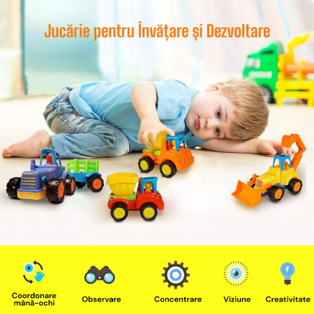 Set 4 Masinute de Constructie pentru Copii, Buldozer, Tractor cu Remorca, Camion Basculant si Betoniera, Jucarii Educative 3+ Ani [1]