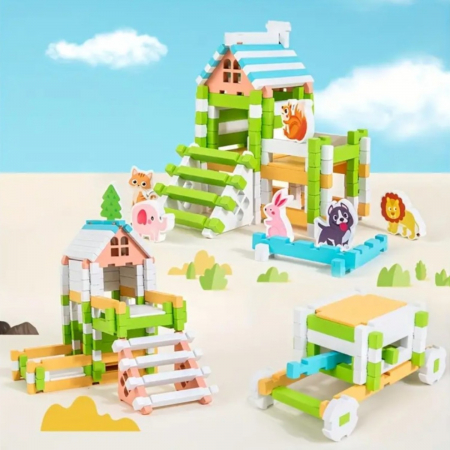 Set constructii din lemn copii 120 piese colorate Montessori [5]