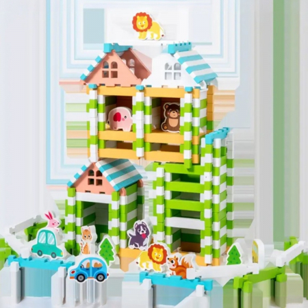 Set constructii din lemn copii 120 piese colorate Montessori [1]