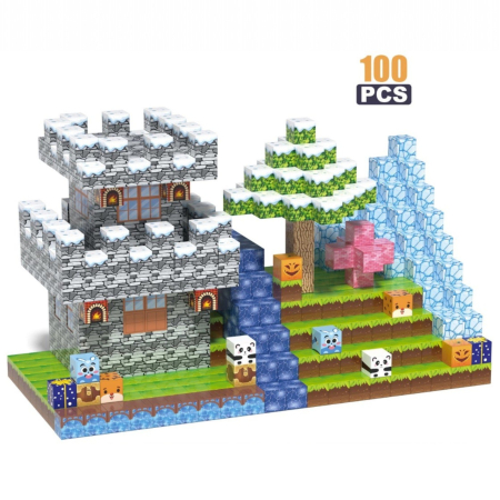 Jucarii copii - Set cuburi magnetice de constructie, joc educativ STEM cu blocuri magnetice tip pixel, castel medieval 3D, 100 piese, 3+ ani