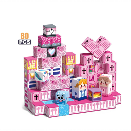Jucarii copii - Set cuburi magnetice de constructie, joc educativ STEM cu blocuri magnetice tip pixel, castel printesa 3D, 80 piese, 3+ ani