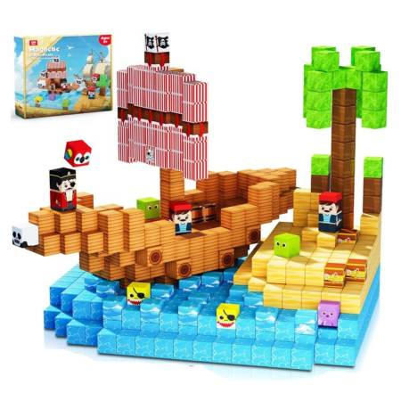 Jucarii copii - Set cuburi magnetice de constructie, joc educativ STEM cu blocuri magnetice tip pixel, corabie de pirati si insula 3D, 100 piese, 3+ ani