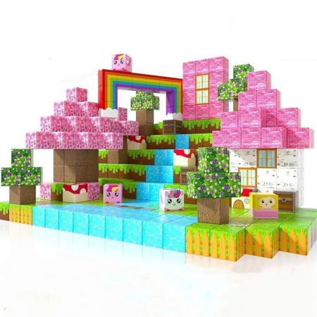 Jucarii copii - Set cuburi magnetice de constructie, joc educativ STEM cu blocuri magnetice tip pixel, curcubeu si unicorn fantasy 3D, 100 piese, 3+ ani