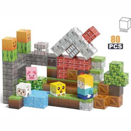 Jucarii copii - Set cuburi magnetice de constructie, joc educativ STEM cu blocuri magnetice tip pixel, ferma si peisaj 3D, 80 piese, 3+ ani
