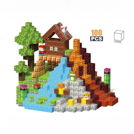 Jucarii copii - Set cuburi magnetice de constructie, joc educativ STEM cu blocuri magnetice tip pixel, munte si peisaj 3D, 100 piese, 3+ ani