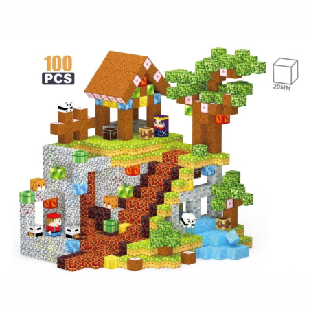 Jucarii copii - Set cuburi magnetice de constructie, joc educativ STEM cu blocuri magnetice tip pixel, sat cu cascada si rau 3D, 100 piese, 3+ ani