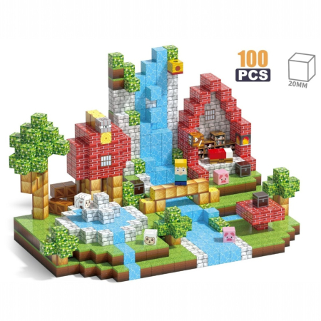 Jucarii copii - Set cuburi magnetice de constructie, joc educativ STEM cu blocuri magnetice tip pixel, sat cu cascada si rau 3D, 100 piese, 3+ ani