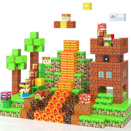 Jucarii copii - Set cuburi magnetice de constructie, joc educativ STEM cu blocuri magnetice tip pixel, vulcan si lava 3D, 60 piese, 3+ ani
