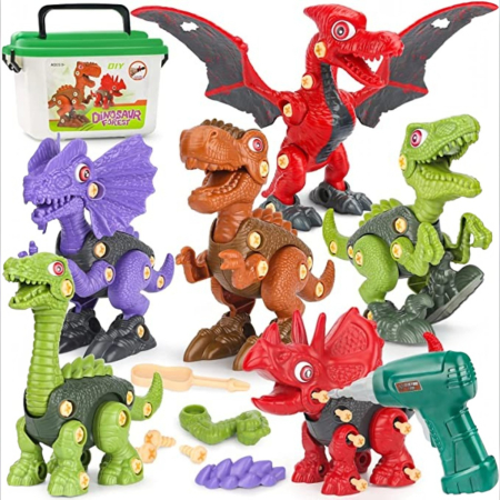7-10 ani - Set dinozauri de asamblat, 6 figurine demontabile cu bormasina de jucarie, surubelnite si cutie depozitare, 3+ ani