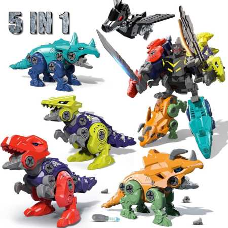 Construcții și STEM - Set dinozauri de asamblat, robot transformabil 5 in 1, piese de constructie cu surubelnita