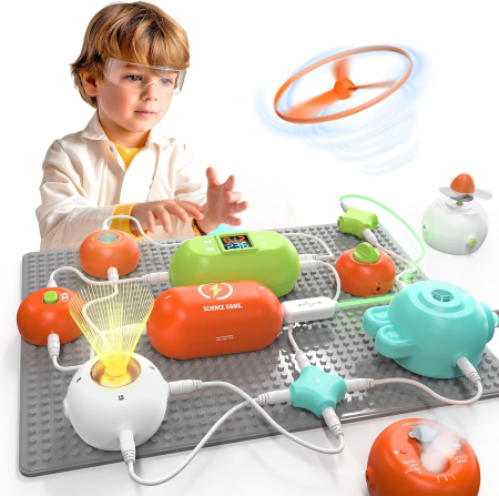 Construcții și STEM - Set experimente electrice pentru copii, cabluri, lumini si elice, kit stiinta interactiva, 6+ ani
