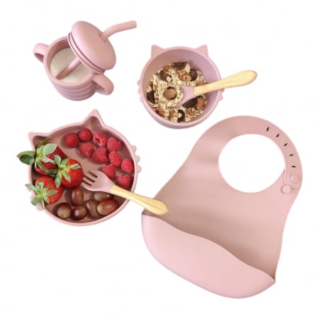 Accesorii Bebelusi - Set hranire bebelusi si copii, roz pal