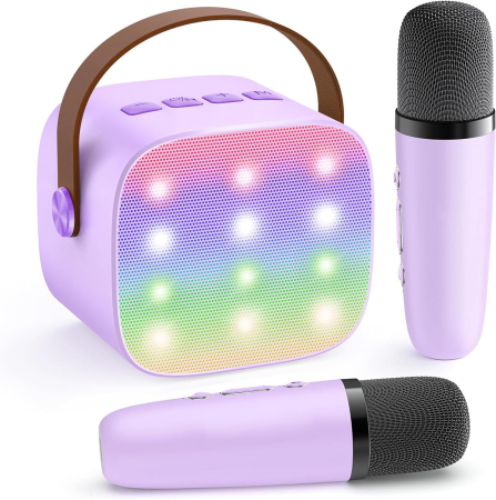 7-10 ani - Set karaoke pentru copii, boxa portabila Bluetooth cu lumini LED si 2 microfoane wireless, efecte voce, sunet 3D, reincarcabil