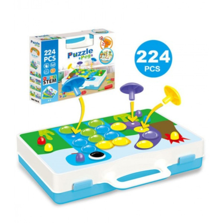 Construcții și STEM - Set mozaic creativ STEM, puzzle peg cu bormasina de jucarie, plansa de lucru, 8 carduri cu dinozauri, 224 piese