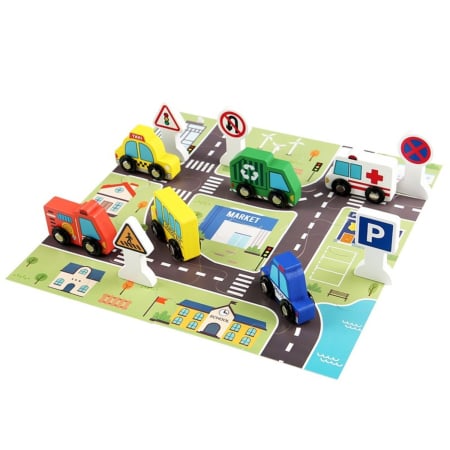 0-12 luni - Set trafic din lemn, 6 masinute si semne rutiere fata-verso, puzzle transport, coordonare si reguli de circulatie