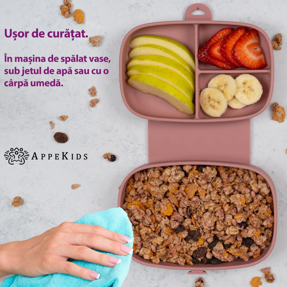 Caserola compartimentata din silicon cu ventuza, AppeKids Magic Box - Old Rose [6]