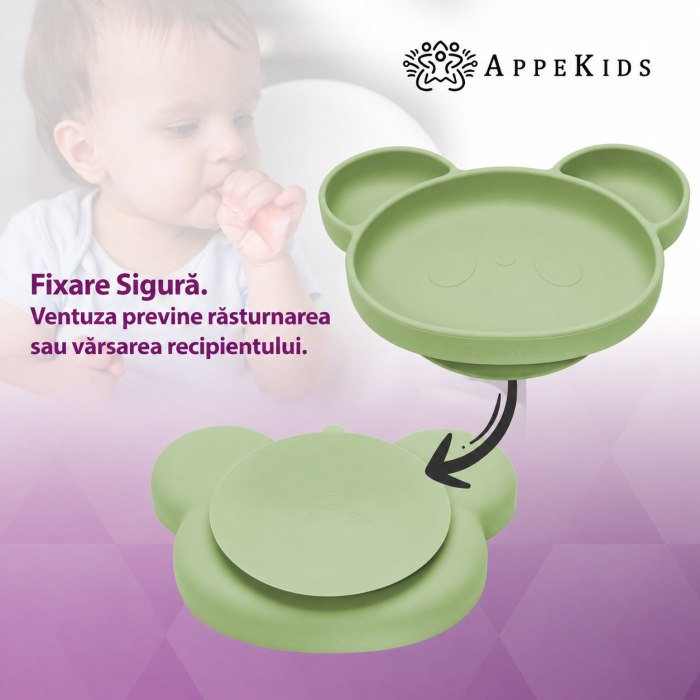 Farfurie compartimentată din silicon cu ventuză AppeKids, Panda, 6 luni+ [5]