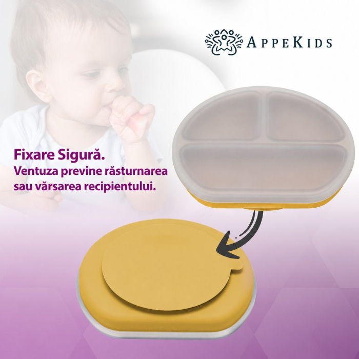Farfurie compartimentată din silicon cu ventuză și capac AppeKids, 6 luni+ [5]