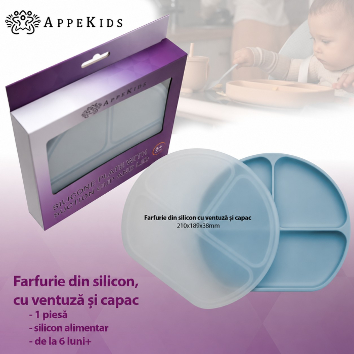 Farfurie compartimentată din silicon cu ventuză și capac AppeKids, 6 luni+ [4]