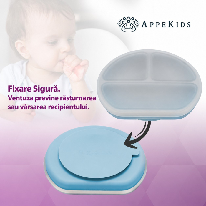 Farfurie compartimentată din silicon cu ventuză și capac AppeKids, 6 luni+ [5]