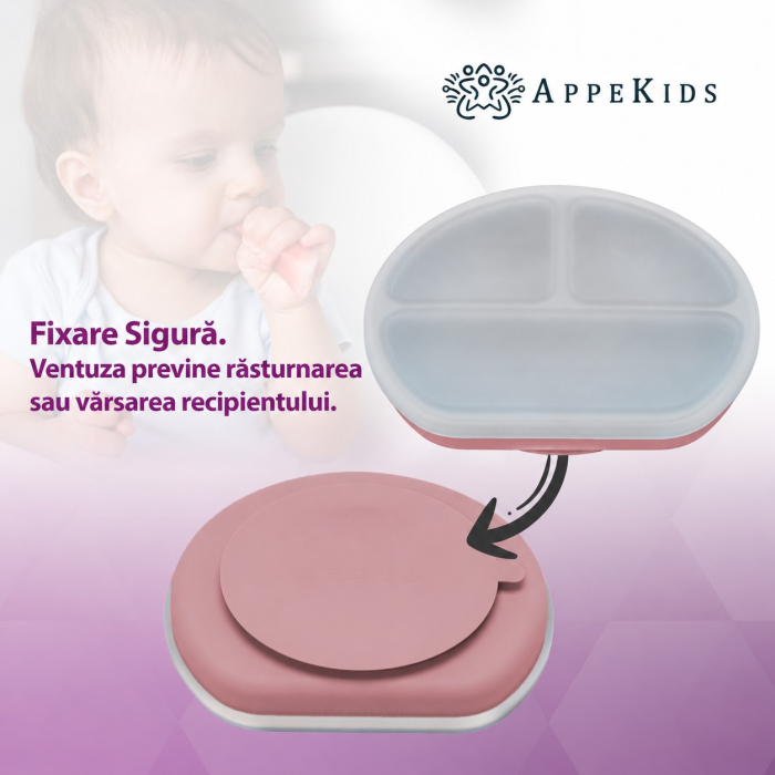 Farfurie compartimentată din silicon cu ventuză și capac AppeKids, 6 luni+ [5]