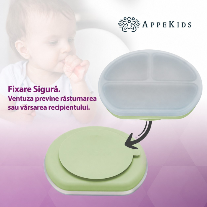 Farfurie compartimentată din silicon cu ventuză și capac AppeKids, 6 luni+ [5]
