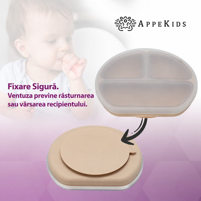 Farfurie compartimentată din silicon cu ventuză și capac AppeKids, 6 luni+ [6]