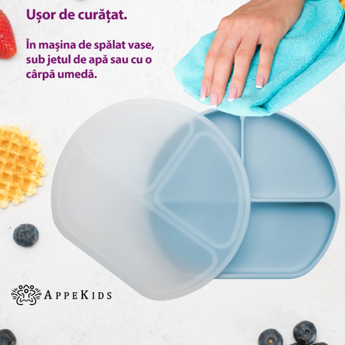 Farfurie compartimentata din silicon cu ventuza si capac, AppeKids - Aqua Blue [4]