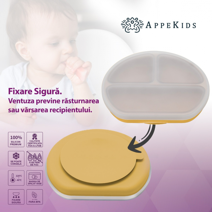 Farfurie compartimentata din silicon cu ventuza si capac, AppeKids - Honey [3]