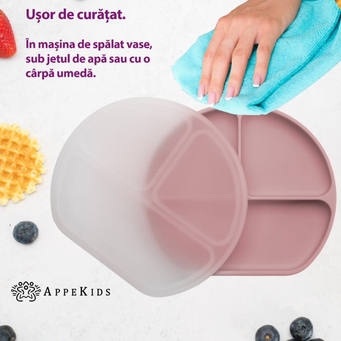 Farfurie compartimentata din silicon cu ventuza si capac, AppeKids - Old Rose [4]