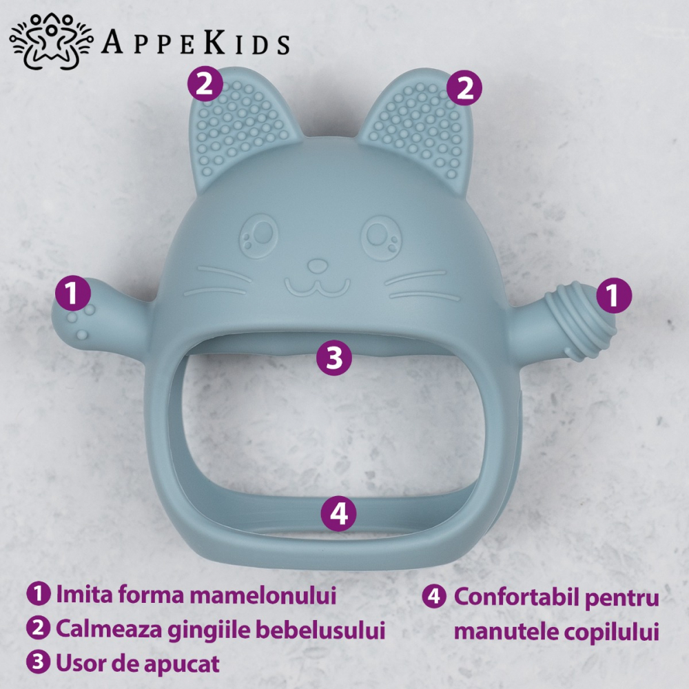 Jucarie pentru dentitie din silicon, Appekids, Manusa Kitty - Aqua Blue [3]