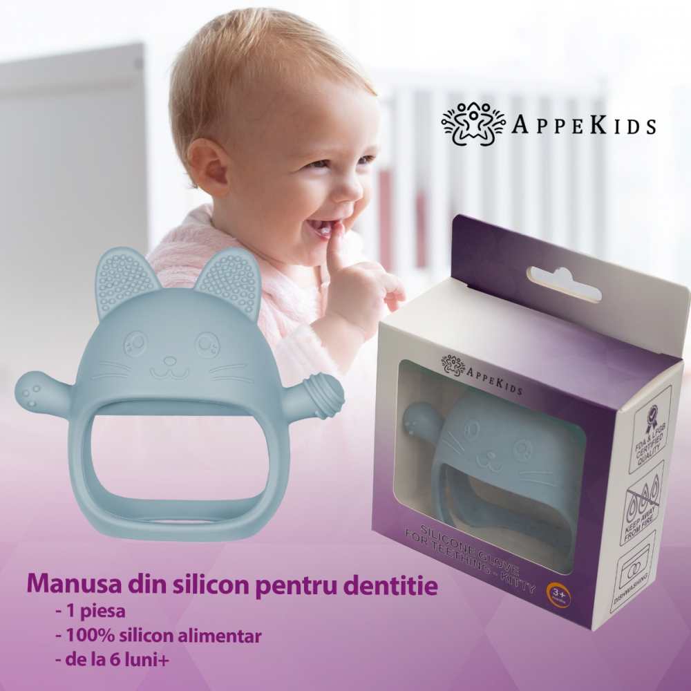 Jucarie pentru dentitie din silicon, Appekids, Manusa Kitty - Aqua Blue [4]