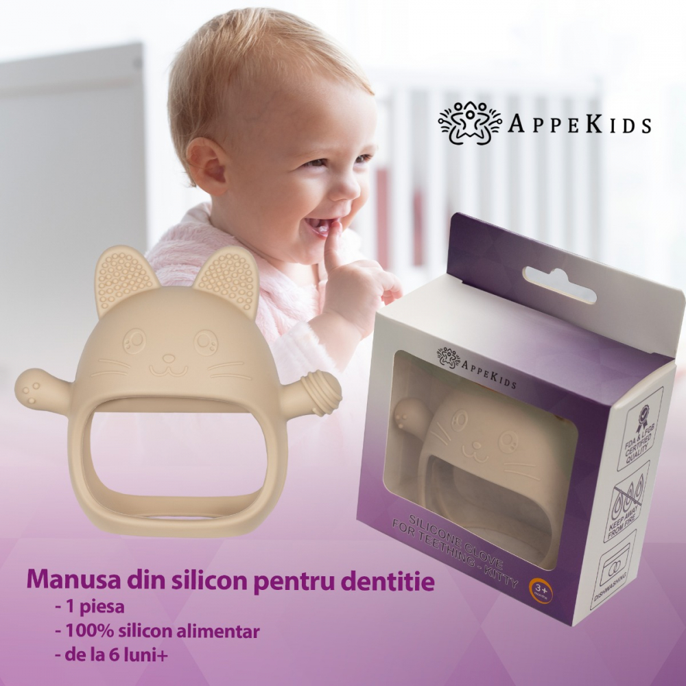 Jucarie pentru dentitie din silicon, Appekids, Manusa Kitty - Bubble Beige [4]