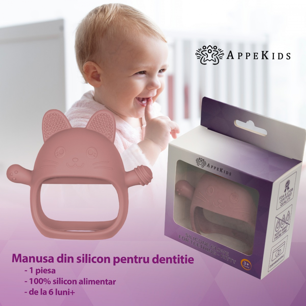 Jucarie pentru dentitie din silicon, Appekids, Manusa Kitty - Old Rose [4]
