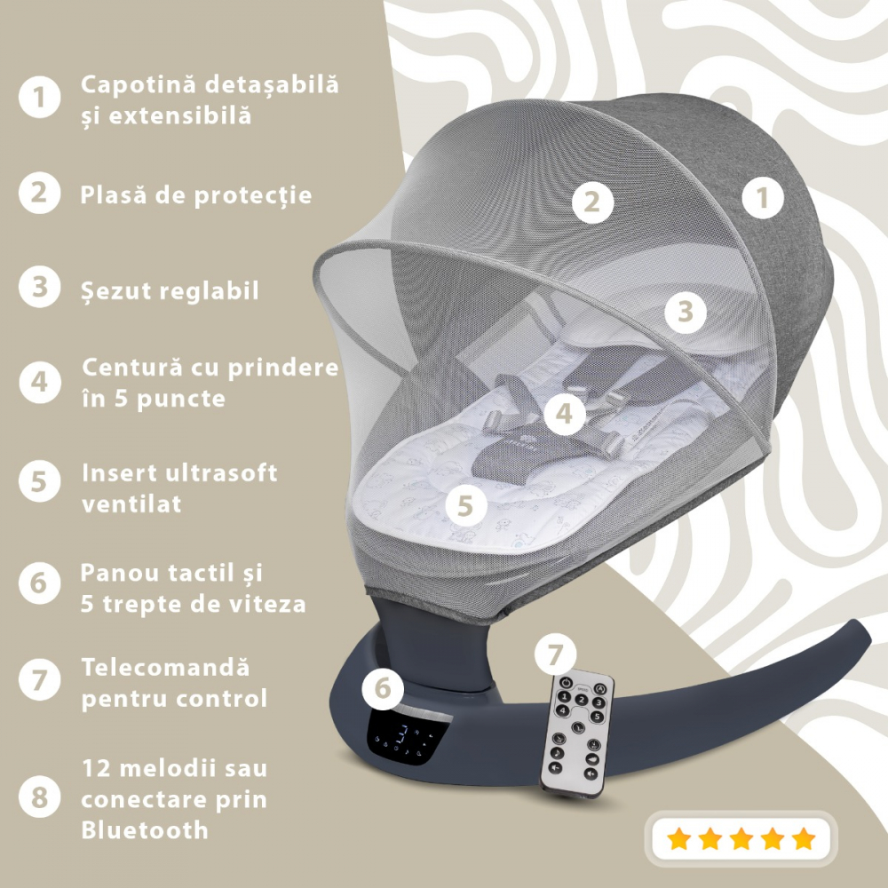 Leagan electric pentru bebelusi, cu spatar reglabil si senzor de miscare, AppeKids Evoque - Powder Grey [2]