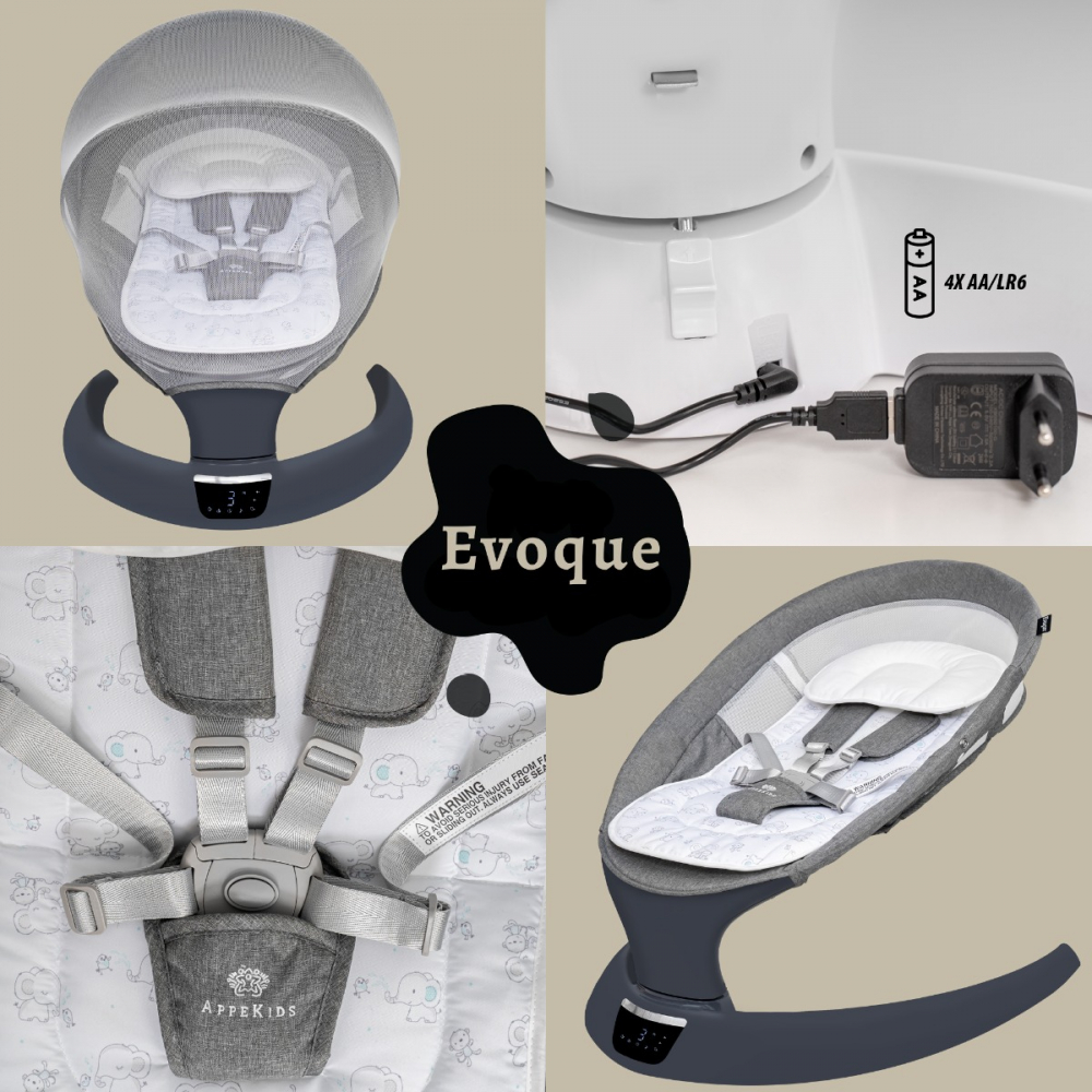Leagan electric pentru bebelusi, cu spatar reglabil si senzor de miscare, AppeKids Evoque - Powder Grey [4]
