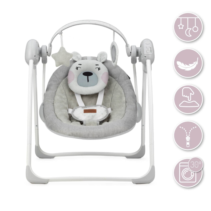 Leagan pentru bebelusi, MoMi LISS Bear Pink, 5 viteze de balansare, Cronometru, Alimentare baterii, 8 melodii, 2 jucarii incluse, Centura in 5 puncte [4]